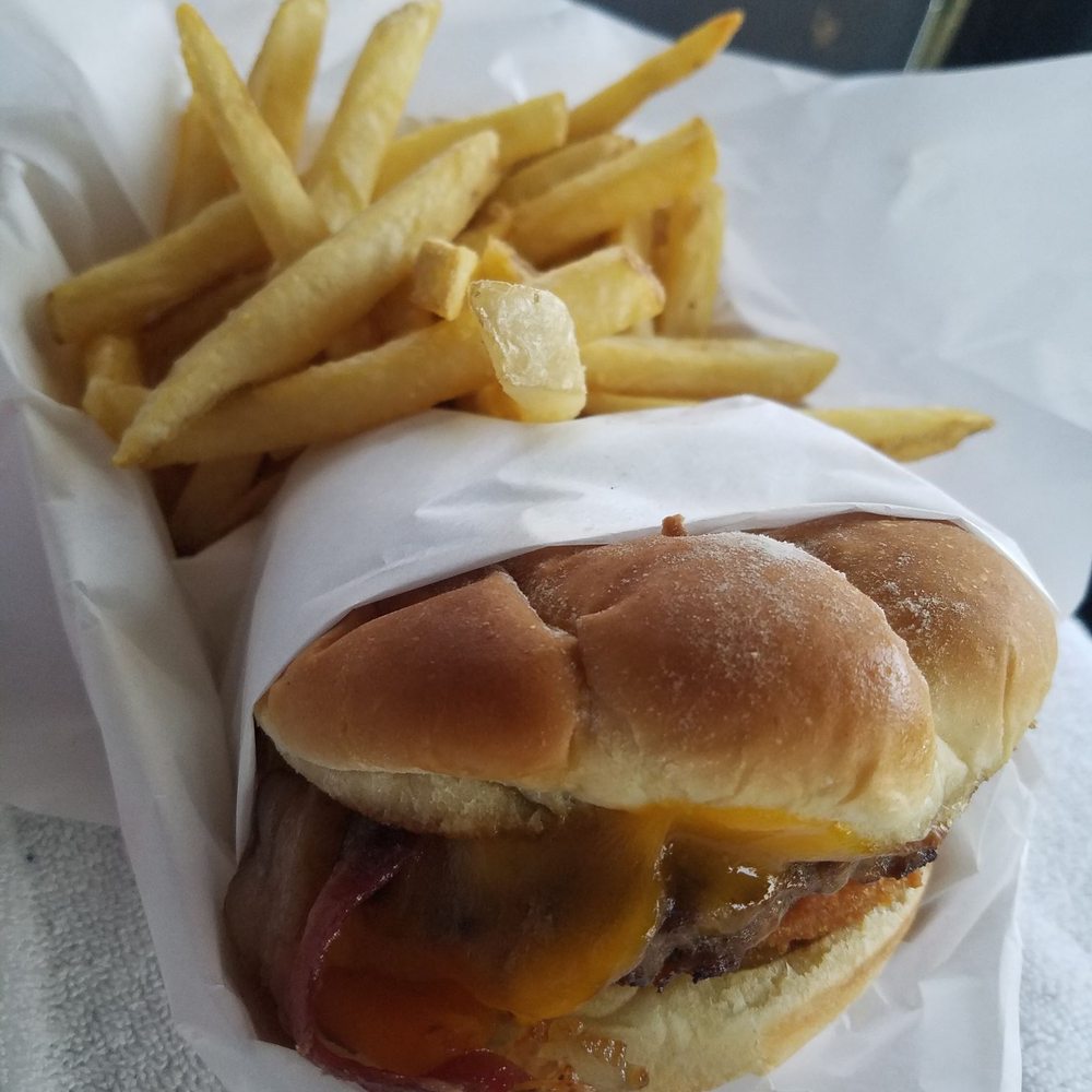 The Outpost Grill - Pete's cheese burger with bacon and fries. - Sandwiches Near Me - Long Beach, California The Outpost Grill - Pete's cheese burger with bacon and fries. - Sandwiches Near Me - Long Beach, California