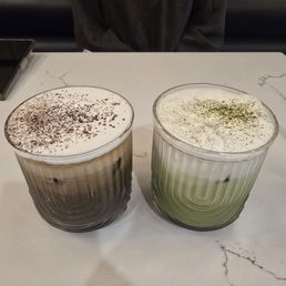 Black sesame and matcha lattes