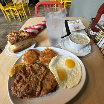 Two Chicks - Chicken Fried Steak & Eggs with gravy on side and Biscuit - Breakfast & Brunch Near Me - Reno, Nevada