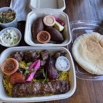 Mazra - Double Kebab Plate (beef and lamb) with sides of Tabbouleh Salad and Baba Ghanoush Eggplant Dip ($18) and Kibbeh ($8) - Mediterranean Near Me - San Bruno, California Mazra - Double Kebab Plate (beef and lamb) with sides of Tabbouleh Salad and Baba Ghanoush Eggplant Dip ($18) and Kibbeh ($8) - Mediterranean Near Me - San Bruno, California