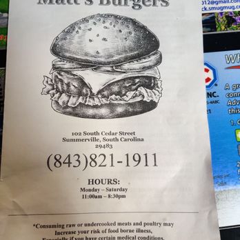 Matt's Burgers - Menu on 10/21/25 - Burgers Near Me - Summerville, South Carolina