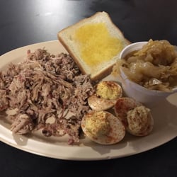 Arrowhead BBQ - BBQ pulled pork , Texas toast with my choice of two sides, deviled eggs and cooked cabbage