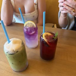 The blueberry matcha, Lavender Lemonade, Blueberry Hibiscus Iced Tea The blueberry matcha, Lavender Lemonade, Blueberry Hibiscus Iced Tea