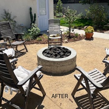 I Jimenez Landscape - Area in front of garage turned into a seating area with fire pit. - Masonry/Concrete Near Me I Jimenez Landscape - Area in front of garage turned into a seating area with fire pit. - Masonry/Concrete Near Me