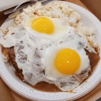 Rainbow Drive-In - LOCO MOCO PLATE: hamburger patties served rice, topped with gravy and eggs cooked the way you like (OE), a scoop of macaroni salad ($8.95) - Hawaiian Near Me - Honolulu, Hawaii