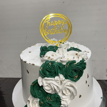 Cakes by Yasmin - a white cake with green and gold decorations - Custom Cakes Near Me Cakes by Yasmin - a white cake with green and gold decorations - Custom Cakes Near Me