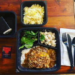Local Moco - Classic Loco Moco, Musubi, and Garlic Fried Rice.