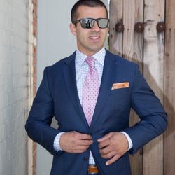 Tansamai Custom Clothing - Royal blue Tansamai suit with light blue gingham pure Egyptian cotton dress shirt.