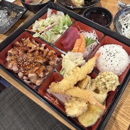 3 item bento box: chicken teriyaki, sashimi, mixed tempura