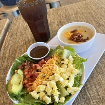 Sizzlin’ Greens - Cobb salad with potato soup combo with iced tea - Salad Near Me - Winter Garden, Florida Sizzlin’ Greens - Cobb salad with potato soup combo with iced tea - Salad Near Me - Winter Garden, Florida