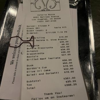 Osteria Mozza - Our bill! We ate a lot - Italian Near Me - Los Angeles, California