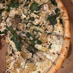 Rocco's Pizza - White pizza w/ spinach, chicken, onion and pineapple