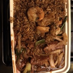 Mongolian beef with jumbo shrimp fried rice