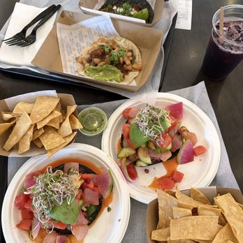Corazon Cocina - 2 Sal de Mar ceviche tostadas and you can see the funky bad taco in the upper section of the picture.  It's the one with beans on it. - Mexican Near Me - Santa Barbara, California