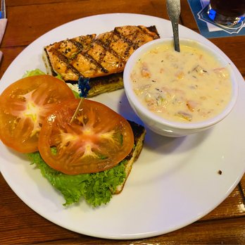Boundary Bay Brewing - Pesto salmon on focaccia sandwich and a cup of smoked salmon chowder. - Pubs Near Me - Bellingham, Washington