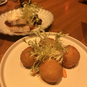Jackie - Potato and crab fries croquettes (front) and burrata (back) - New American Near Me - Washington, DC, District of Columbia