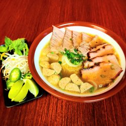 Pho King Wing - Pho with Rare Steak, well done brisket, meatball, & Skirt Flank. complimented with a side of flavors enjoy if you choose.