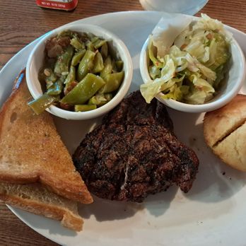 The Log Cabin - Ribey steak, toast, corn bread muffin, green beans, and cabbage - American Near Me - Hurricane Mills, Tennessee The Log Cabin - Ribey steak, toast, corn bread muffin, green beans, and cabbage - American Near Me - Hurricane Mills, Tennessee