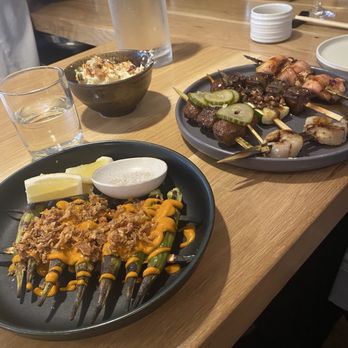 Enso - Okra w/ lemon and sea salt, potato salad, skewers sampler (beef, lamb, chicken, scallop, zucchini) - Southern Near Me - Louisville, Kentucky