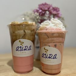 Aura Little Cafe - Strawberry cheesecake latte and red velvet