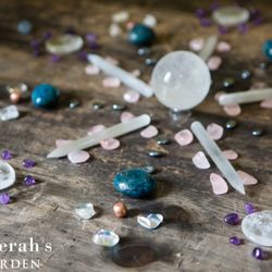 Asherah's Garden - Asherah's Garden Crystal Grid on handmade antique wood table.