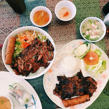 Bayon Restaurant - The pork chop rice plate, the pork vermicelli and a side of spring rolls - Vietnamese Near Me - Stockton, California Bayon Restaurant - The pork chop rice plate, the pork vermicelli and a side of spring rolls - Vietnamese Near Me - Stockton, California