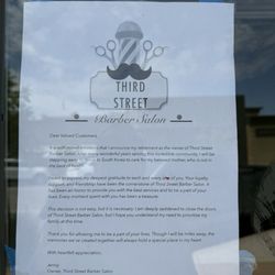Third Street Barber Salon - Jenny's note saying she's retired