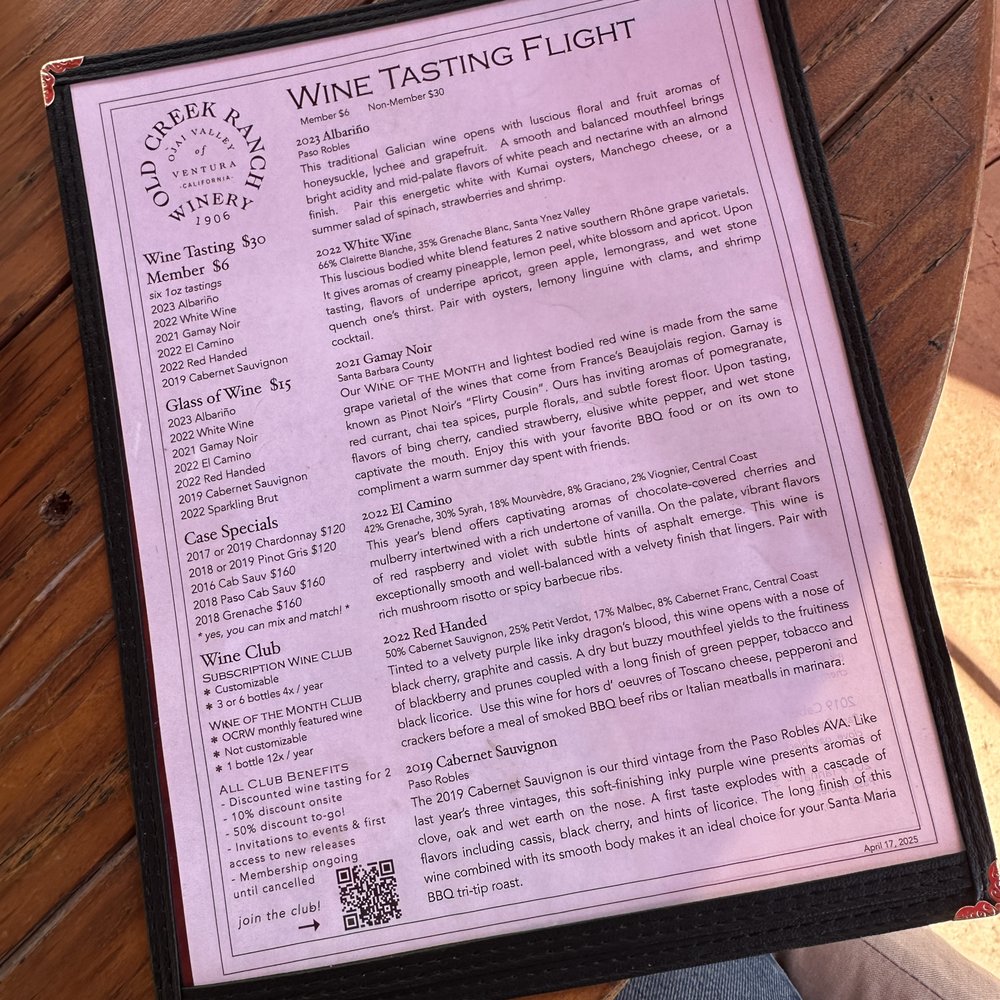 Old Creek Ranch Winery - Tasting menu, April 2025 - Venues & Event Spaces Near Me - Ventura, California Old Creek Ranch Winery - Tasting menu, April 2025 - Venues & Event Spaces Near Me - Ventura, California