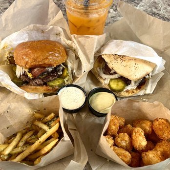 Bao Boss - Mushroom Burger with Bacon, The Boss, Chimichurri Fries, Togarashi Tots, and a Thai Tea - Sandwiches Near Me - Everett, Washington