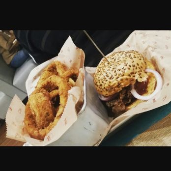 Bareburger - Edgewater - Hubby's Boar Burger w/Brisket Bacon and side of Rings and Fries - Burgers Near Me - Edgewater, New Jersey