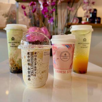 BenGong's Tea - Arcadia - [L to R] Uji Matcha Cheese Slush w/Boba, Mango Pomelo Sago, Osmanthus Rice Milk Tea, Passionfruit Sparkling Tea - Bubble Tea Near Me - Arcadia, California