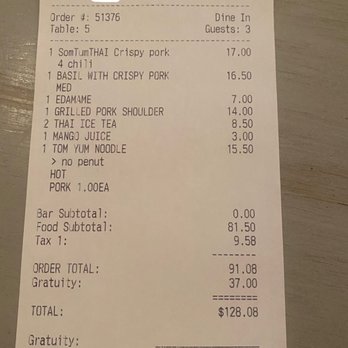 Paula's Thai Kitchen - Receipt of the server added 40% tip without customer approval. - Thai Near Me - Chicago, Illinois