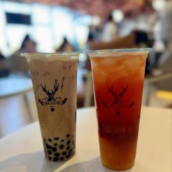 The Alley - Garden Milk Tea (left) and Strawberry Green Tea with Jelly (right), one size