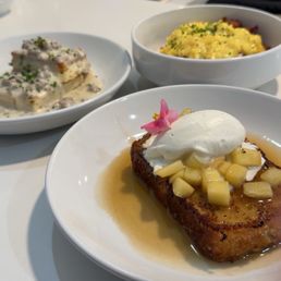 Biscuits and gravy, French toast and the bowl. Biscuits and gravy, French toast and the bowl.