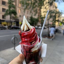 Plain greek yogurt with raspberry & chocolate sauce