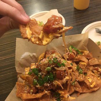 Cha Cafe - Poke Nachos.  Good but high fat. Chips where flour-based wonton-style. Strong onions. A lot for one person, but good to share - Coffee & Tea Near Me - El Monte, California