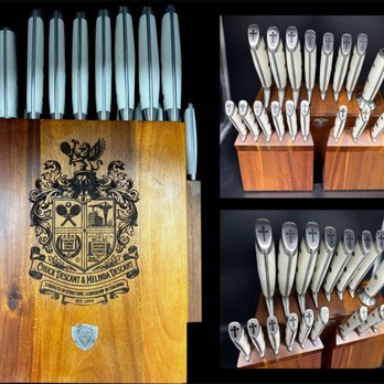 The Laser Unlimited - Family crest etched on a knife block w/ black fill. The knives are also engraved with a cross. Artwork provided by customer. - Engraving Near Me - Houston, Texas The Laser Unlimited - Family crest etched on a knife block w/ black fill. The knives are also engraved with a cross. Artwork provided by customer. - Engraving Near Me - Houston, Texas