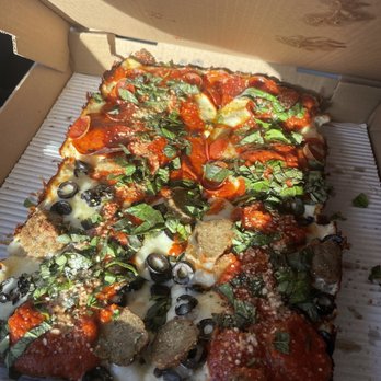 Sergio's - Half trio pepperoni/half meatballs&olive Detroit pizza - Pizza Near Me - Midlothian, Virginia Sergio's - Half trio pepperoni/half meatballs&olive Detroit pizza - Pizza Near Me - Midlothian, Virginia