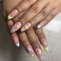 True Nails & Spa - Bursting w/ colorful Pastel Florals, Sunny Yellow & Sky Blur Ombré tips! Experience Beautiful Nails at True Nails & Spa in Ontario