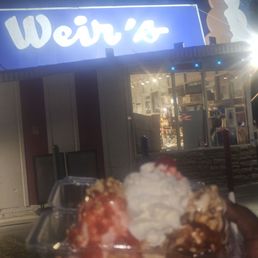 Exterior outside entrance of Weir's Ice Cream - 2 scoop banana split - Salisbury Mills, New York Exterior outside entrance of Weir's Ice Cream - 2 scoop banana split - Salisbury Mills, New York