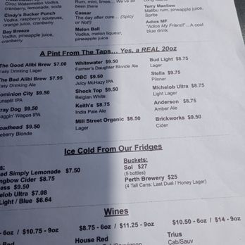 The Bad Alibi - Drinks menu. August 2023 - Salad Near Me - Orleans, Ontario