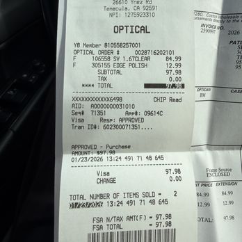 Costco Wholesale - receipt of my getting lenses in my frame - Hot Dogs Near Me - Temecula, California