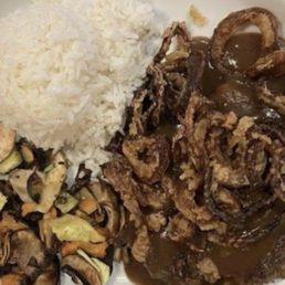 Supposed to be hamburger steak with gravy and garlic, mashed potatoes. Supposed to be hamburger steak with gravy and garlic, mashed potatoes.
