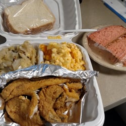 Greater New Hope Baptist Church - Friday fish fry!!!! Fried trout fish lunch with two sides ( I picked Mac n' cheese and cabbage), bread, and cake!