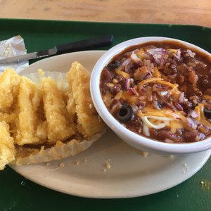 Photo of Pilot Butte Drive-In Restaurant - Bend, OR, United States. Chilli &amp; their cornbread I cut up to apply butter @ honey