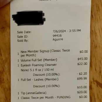 Amazing Lash Studio - Houston Eyelash Extensions - Receipt that shows I was charged 89.99$ - Eyelash Service Near Me - Houston, Texas