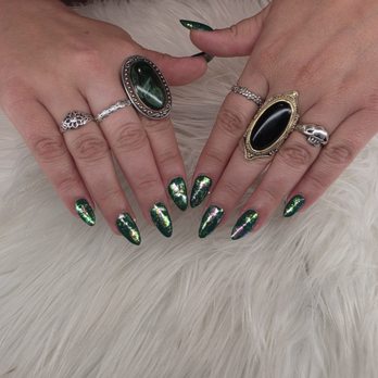 Blooming Nails - Emerald green builder gel fill with applied chrome flakes - Nail Technicians Near Me - Burlingame, California Blooming Nails - Emerald green builder gel fill with applied chrome flakes - Nail Technicians Near Me - Burlingame, California