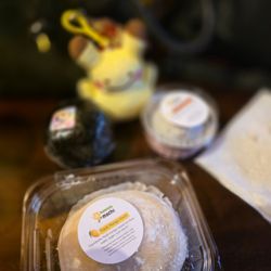 Fishcake - Soft boil egg musubi and mango mochi and Nutella banana daifuku