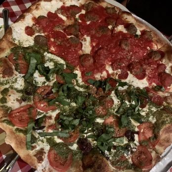 Grimaldi's Pizzeria - 18" His & Hers Style - 1/2 Don, 1/2 custom pesto w/ kalmata olives, fresh sliced tomatoes, mozzarella, fresh basil - Pizza Near Me - Peoria, Arizona