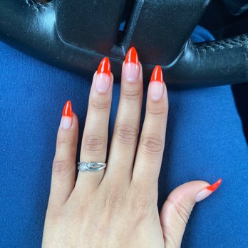 Fancy Nails - Almond nails with red tips - Nail Salons Near Me - Discovery Bay, California